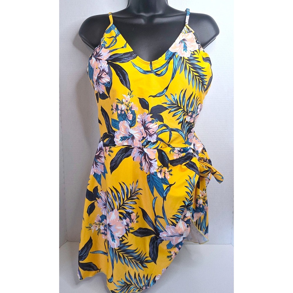 Shekini Yellow Floral Swim Dress One Piece Swimsuit XL Tropical Hibiscus Wrap